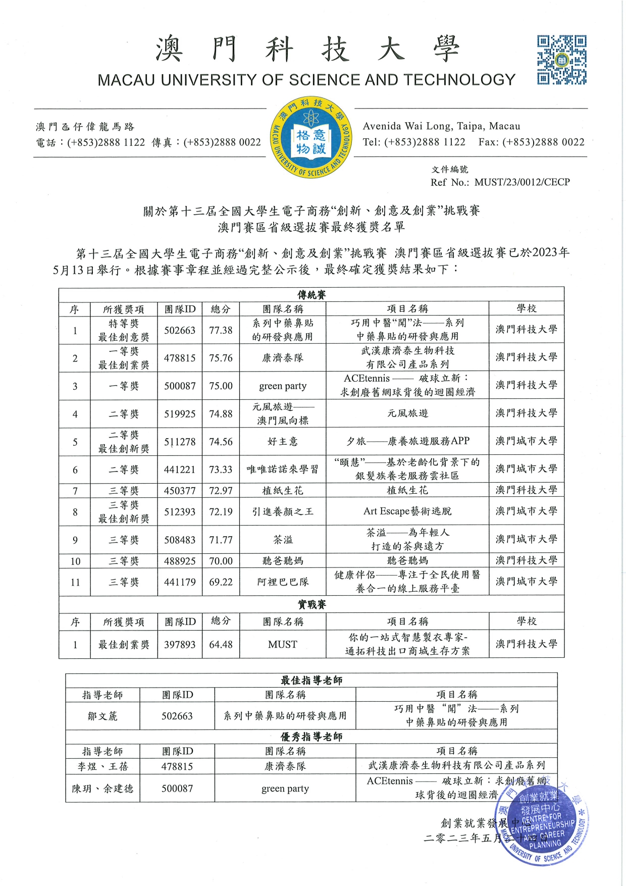 0012 第十三屆三創賽省級澳門選拔賽最終獲獎名單 page 0001