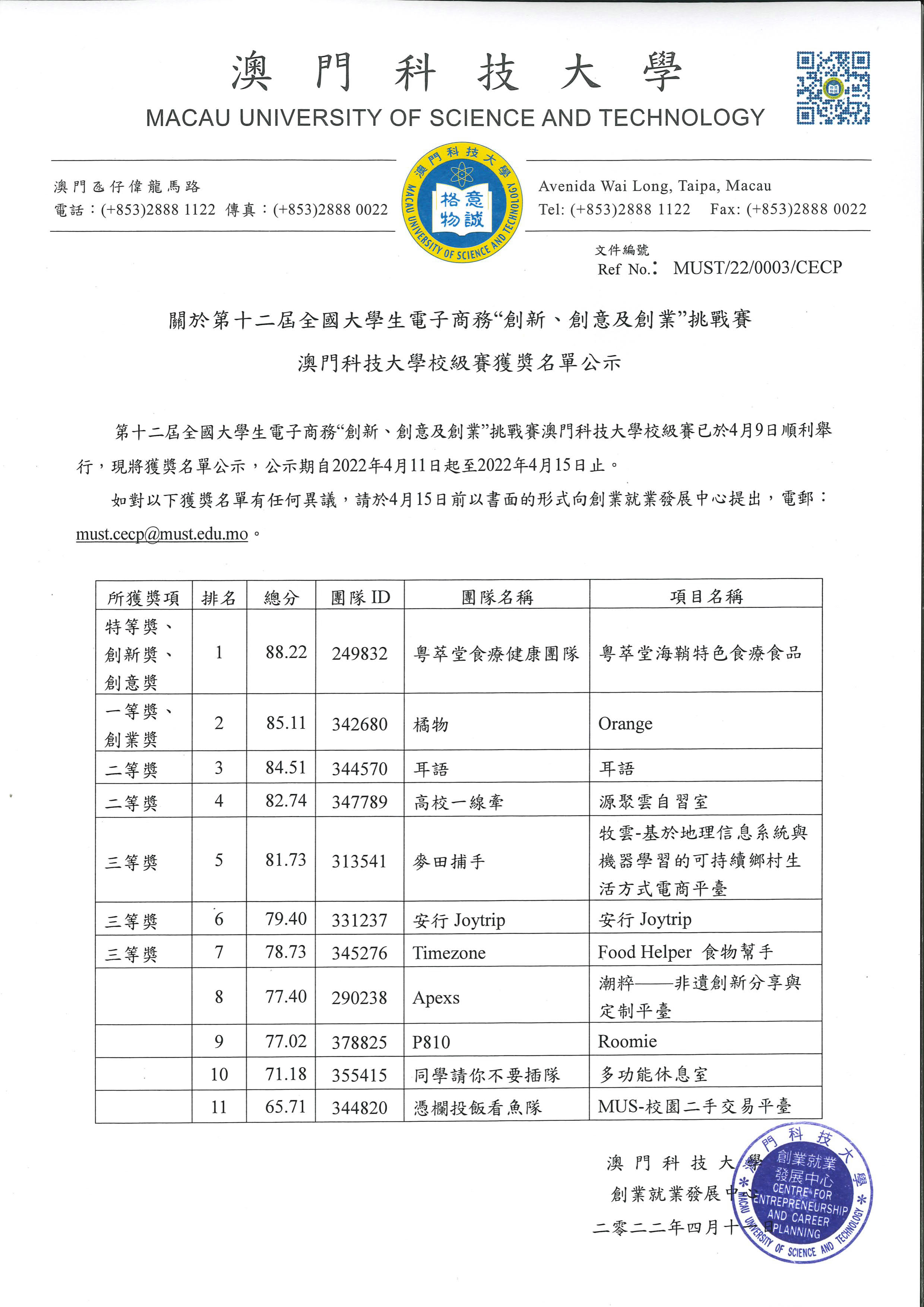校級賽獲奬名單公示