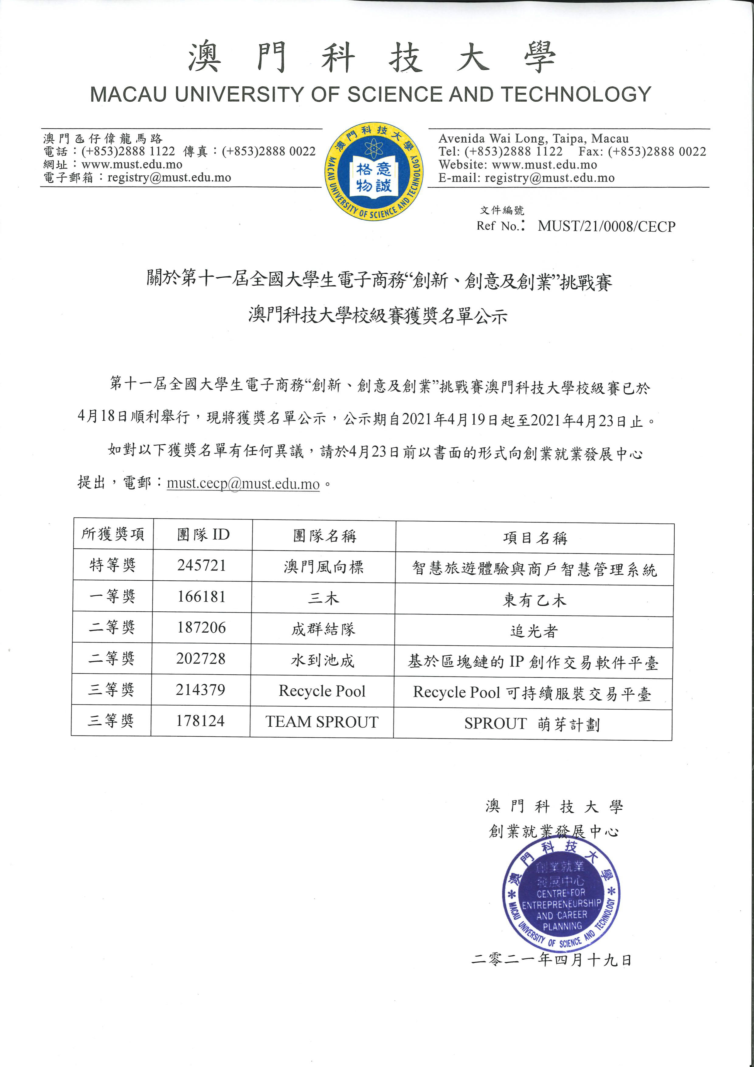 校級賽獲獎名單公示
